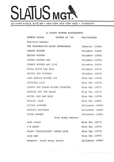 Press release of "Winter of '88" incl Johnny Winter career description, by Slatus Management Part V/V